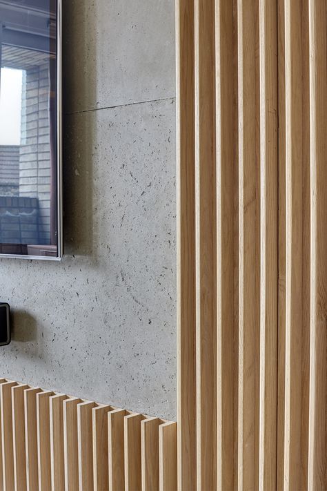 Interior Design Idea - A Section Of This Wood Covered Wall Was Left Empty For The TV Wood Wall Covering, Apartment Studio, Home Entertainment Centers, Timber Walls, Hakone, Wood Cover, Loft Apartment, Slat Wall, Wall Cladding