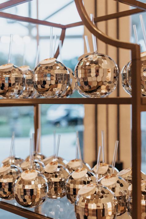 Brittany + Lucas' Boho Disco Ball Wedding - Crossed Keys Estate Wedding Centerpieces Disco Ball, Disco Wedding Bridesmaids, Gold Disco Ball Wedding, Disco Garden Party Wedding, Disco Boho Wedding, Boho Disco Party, Disco Centerpieces, Boho Disco Ball, Tropical Disco Wedding