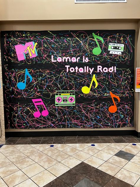 80s Bulletin Board Ideas, Appreciation Themes, Cafeteria Bulletin Boards, 80s School, Ra Bulletins, Pto Ideas, 90s Theme Party, 80s Theme Party, 4th Grade Science