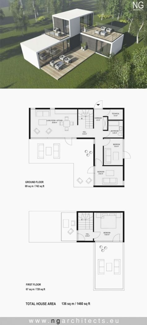 Contemporary Nicholas-718 - Robinson Plans Double Container House Plan, 3 Bedroom Double Story House Plans, Double Container House, Atrium Design Home, Double House Plans, Modern Ground Floor House, Ground Floor Plan House, Double House Design, Plan Of Villa