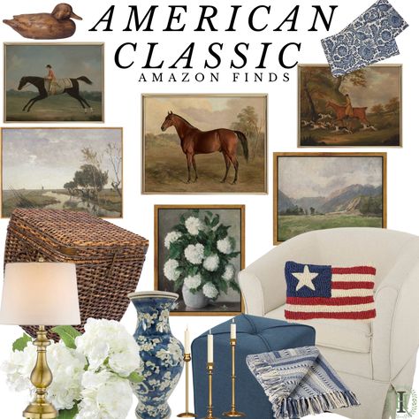 American Classic Home -Amazon Finds Traditional American Decor, Navy Ottoman, Duck Statue, White Table Runner, Patriotic Pillow, Hydrangea Blue, Farm Landscape, Storage Cube, Blue And White Vase