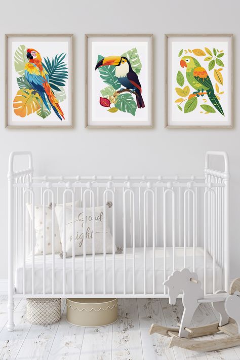 This set of 3 children's wall prints would make a great addition to any child's bedroom or nursery. Each print features a different exotic bird - Macaw, Toucan, and a Parrot - in a cute and colourful style....// #art #wallart #etsy #nurserywallart \\ Bird Bedroom Ideas, Parrot Nursery, Bird Bedroom, Nursery Animals, Jungle Nursery Decor, Baby Nursery Art, Colourful Style, Animal Wall Art Nursery, Jungle Nursery