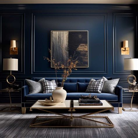 Blue And Gold Living Room, Blue Sofas Living Room, Dark Blue Living Room, Gold Living Room Decor, Navy Living Rooms, Navy Blue Living Room, Gold Living, Blue Living Room Decor, Living Room Themes