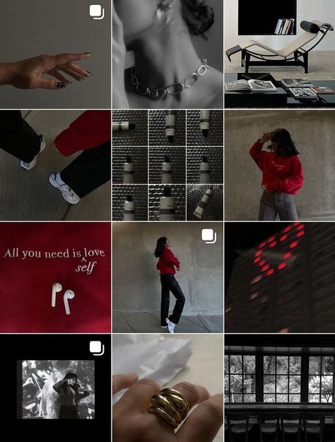 Red Black And White Instagram Theme, Black White Red Instagram Feed, Red And Black Instagram Feed, Red Aesthetic Instagram Feed, Red Instagram Feed, Instagram Feed Theme Layout, Instagram Feed Tips, Instagram Branding Design, Black And White Instagram