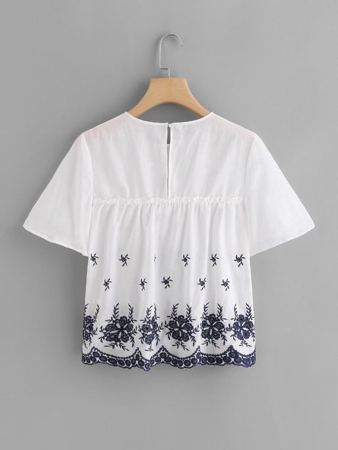 Frill Detail Embroidered Top -SheIn(Sheinside) Smock Tops, White Collared Blouse, White Short Sleeve Shirt, Trumpet Sleeve, Smock Top, White Blouse, Embroidered Top, Tops For Women, Fashion Tops