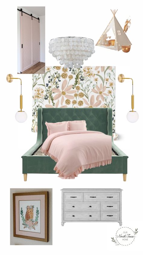 Mint Green Pink And Gold Bedroom, Green Scheme Bedroom, Sage Pink And Gold Bedroom, Sage Walls Pink Bedding, Green Bedroom Pink Accents, Olive Green And Light Pink Bedroom, Cozy Pink And Green Bedroom, Pink Green Blue Color Scheme Bedroom, Sage Green Pink And Gold Bedroom