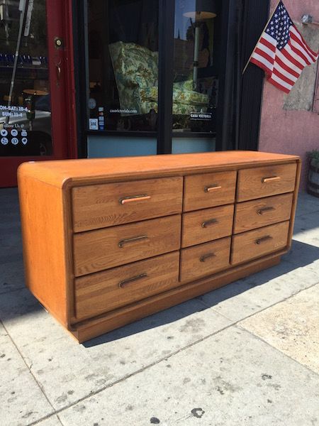 Imminent Impression | 1980s Oak Dresser with 9 Drawers — Casa ... Retro Bedroom Furniture, 80s Furniture, Los Angeles Sunset, Retro Dresser, Retro Apartment, Brown Dresser, Low Dresser, Dresser With Tv, Mid Century Dresser