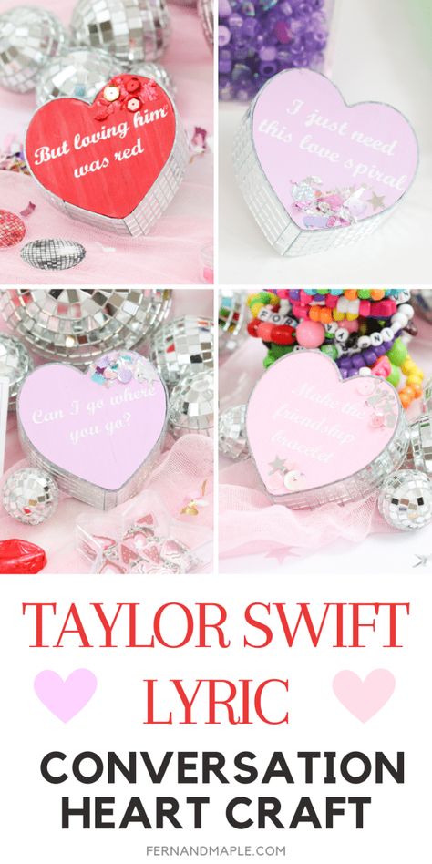 Create the cutest Taylor Swift Lyric Conversation Hearts for a Swiftie Valentine's/Galentine's Day Party or anytime room decor! Get step-by-step instructions and tons more Taylor Swift party and craft inspiration now at www.fernandmaple.com. Taylor Swift Crafts, Conversation Hearts Crafts, Diy Projects To Make And Sell, Taylor Swift Party, Valentine Crafts For Kids, Conversation Hearts, Diy Birthday Party, Classroom Valentine, Converse With Heart