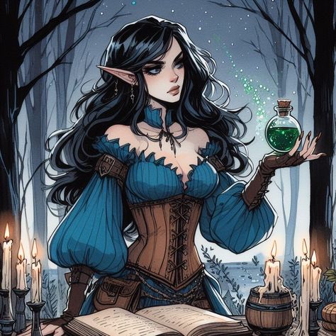 Elven Witch, Elf Sorcerer, Witch Artwork, Elf Witch, Fantasy Demon, Elf Art, Drawing Expressions, Story Characters, Modern Fantasy