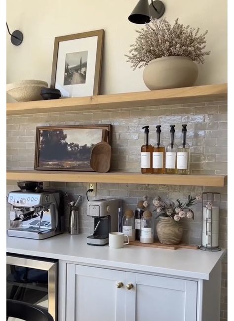 Wood Shelves Coffee Bar, Kitchen Layout With Coffee Bar, Hallway Coffee Bar, Shiplap Coffee Bar Wall, Coffee Station Shelves, Dining Room Coffee Bar Ideas, Coffee Bar Shelf Decor, Coffee Bar Styling, Matcha Bar