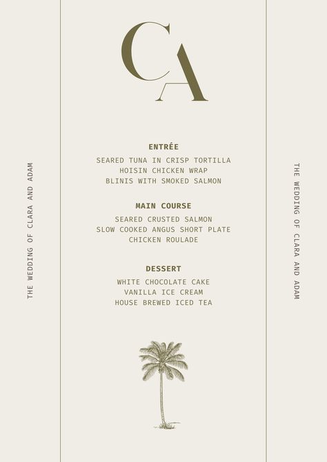 Use this fully customizable Beige and Green Minimalist Tropical Wedding Menu Elevate your feed with this stunning design and discover a variety of professional designs from Canva. Perfect for Small Businesses, Wellness Brands, Photographers, and Content Creators. Don't miss out on this opportunity to showcase your style. Made and Design By With Faith and Love #minimalist #ugc #photographer Minimalist Menu Design, Minimalist Tropical Wedding, Wedding Graphic Design, Chicken Plating, Green Minimalist, Beige And Green, Digital Imaging, Wedding Menu Template, Personal Business