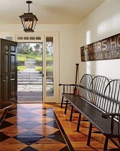 Homemaker Tips, Farmhouse Entry, Painted Wood Floors, Mudroom Ideas, Painted Floor, Stenciled Floor, Entry Ways, Neutral Interiors, Bench Seating