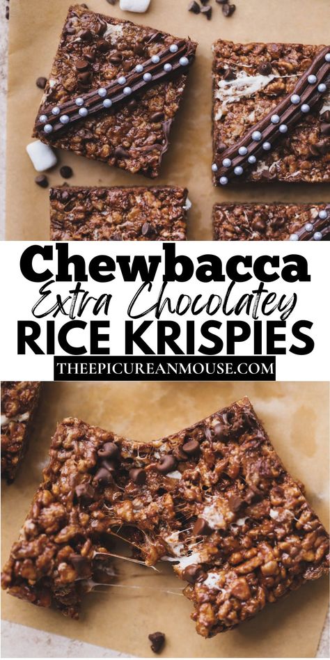 These "Chewie" chocolate Rice Krispie squares are extra gooey and so simple to make. They are made with delicious brown butter, dark chocolate and loads of mini marshmallows. They will satisfy any chocolate craving and are so much fun, especially if you are a big fan of Star Wars! Disney Dessert Recipes, Star Wars Dessert, Sweets Cupcakes, Chocolate Rice Krispies, Rice Krispie Squares, Star Wars Food, Disney Desserts, Disney Eats, Brownie Cups