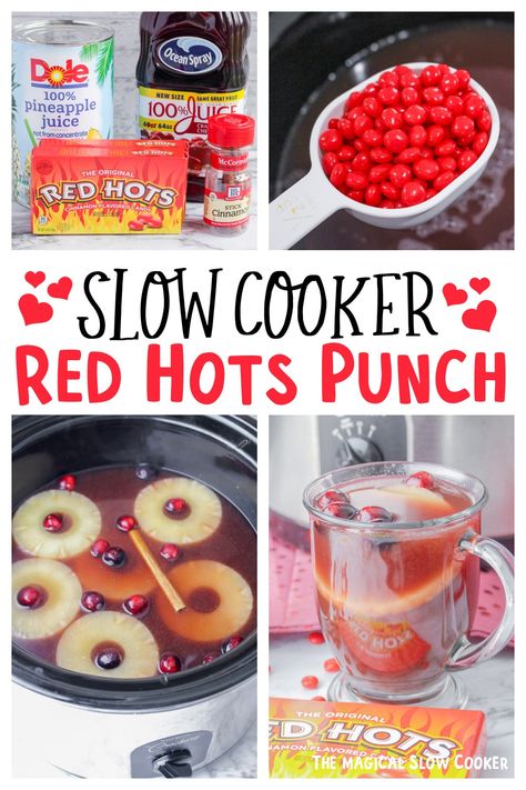 Make Red Hots Punch in your slow cooker. The punch has cranberry juice, pineapple juice, red hot cinnamon candies, and cinnamon sticks. Some call this Warm Christmas Punch Or Hot Cinnamon Punch. - The Magical Slow Cooker Hot Punch Recipe, Hot Wassail Recipe, Christmas Apple Cider, Cranberry Juice Pineapple Juice, Apple Cider Tea, Hot Christmas Drinks, Cinnamon Candies, Crockpot Drinks, Apple Cider Punch