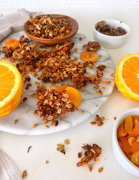 Greek Yogurt With Fruit, Orange Granola, Yogurt With Fruit, Vanilla Granola, Baked Granola, Cinnamon Recipes, Energy Foods, Nutrient Dense Food, Dried Apricots