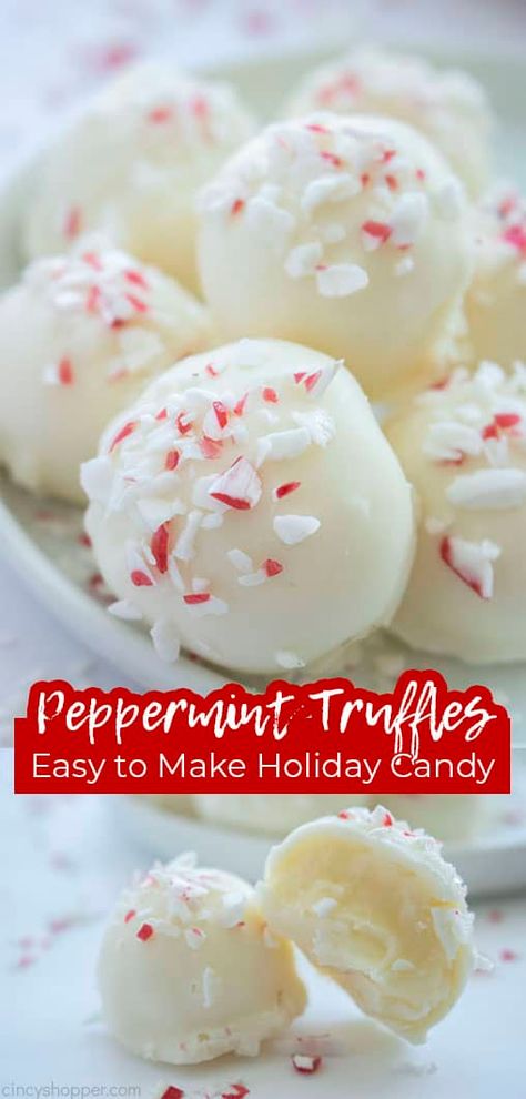 Christmas Treats Peppermint, Holiday Truffle Recipes, Chocolate Peppermint Truffles, Truffle Recipe Christmas, Peppermint Truffles, Peppermint Treats, Christmas Candy Easy, Peppermint Recipes, Easy Truffles