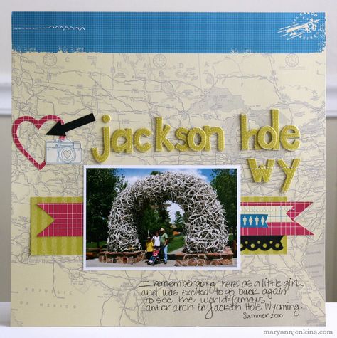 Jackson Hole, Wyoming - Scrapbook.com Scrapbooking Vacation, Travel Layout, Scrapbooking Layouts Travel, Yellowstone Trip, Amy Tangerine, Map Paper, Vacation Scrapbook, Map Background, Jackson Hole Wyoming