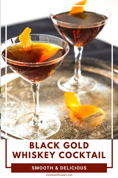 Bootleg Black Gold Whiskey cocktail is smooth, slightly sweet with a touch of orange. It's a great after dinner or an anytime sipper. | HostessAtHeart.com #cocktail #drinks #whiskey #easyrecipe Black And Gold Cocktail, Coffee Liquor, Energizing Smoothies, Cocktail Recipes Whiskey, Sangria Wine, Orange Cocktails, Whiskey Cocktail, Aromatic Bitters, Recipes For Christmas