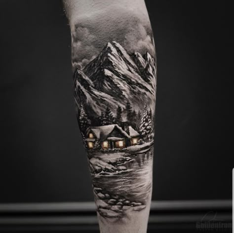 Cabin Tattoo Sleeve, Cabin Scene Tattoo, Cabin In The Woods Tattoo, Snowmobile Tattoo Sleeve, Full Sleeve Landscape Tattoos, Alaskan Sleeve Tattoo, Misty Mountain Tattoo, Western Sleeve Tattoo For Men, Mountain Tattoo Sleeve