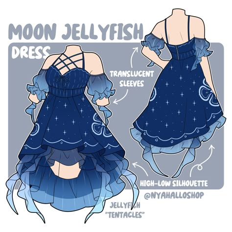 Moon jellyfish dress concept 🪼 I love love loveeee this dress 😭 If you're vibing with this idea, give this post some love! We're talking about turning this concept into a real, wearable dress (which, let's be real, costs a pretty penny to make). Now, about those straps: they're gonna be so comfy, you might forget you're wearing them! I'm all about that soft, stretchy life...no itchy fabrics here! As a neurodivergent soul, I'll be making sure this dress is as sensory-friendly as it is stunnin... Jellyfish Dress, Moon Jellyfish, Vestidos Anime, Clothing Sketches, Dress Design Drawing, Art Outfits, Sensory Friendly, Fashion Drawing Dresses, Drawing Anime Clothes