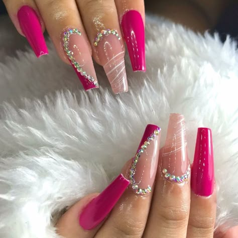 Hot Pink Diamond Nails, Pink Nails With Diamonds, Hot Pink Nail Ideas, Diamond Pink Nails, Hot Pink Nail, Pink Nail Ideas, Diamond Nail Designs, Bright Pink Nails, Neon Pink Nails