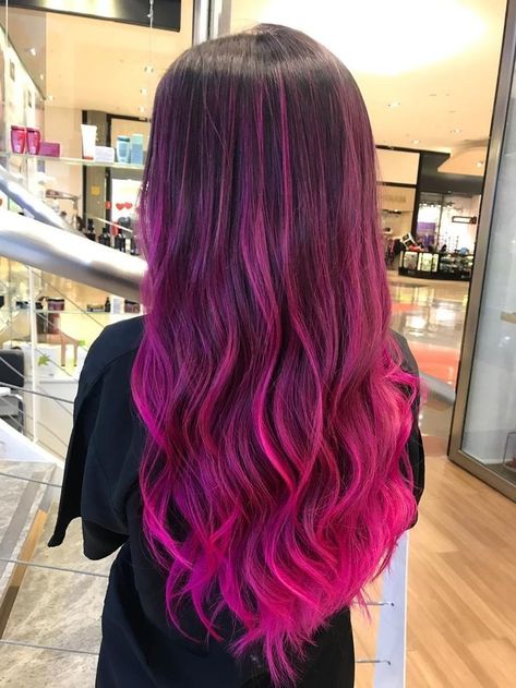 Hot Pink With Black Hair, Hot Pink Hair Balayage, Long Hair Pink Highlights, Black To Hot Pink Ombre Hair, Dark Pink Hair With Light Pink Highlights, Balayage Hair Fun Colors, Dark Pink Highlights In Black Hair, Purple And Pink Hair Highlights, Pink And Magenta Hair