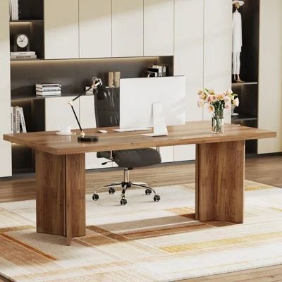 Deep Desks You'll Love | Wayfair Center Room Desk, Light Wood Office Desk, Wood Desk Ideas, Vintage Home Office, Home Office Computer Desk, Living Room Corner, Room Corner, Office Computer Desk, Large Desk