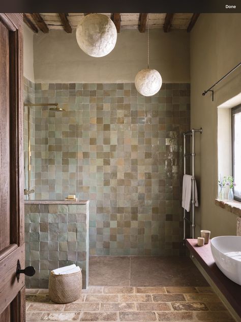 Shower Design Ideas, Wet Room Flooring, Victorian Terraced House, Winter Bedroom, Walk In Shower Designs, Mews House, Italian House, Yellow Tile, Zellige Tile