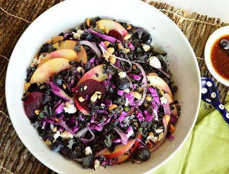 This purple kale salad with blueberries, apples, beets, peanuts and goat's cheese also has the most wonderful blueberry vinaigrette. Add some color to you life with this awesome salad! www.thisishowicook.com #salad #kale #blueberries Kale Salad With Apples, Chopped Kale Salad, Kale And Cabbage, Blueberry Vinaigrette, Hearts Of Palm Salad, Purple Kale, Salad With Apples, Maple Vinaigrette, Chopped Kale