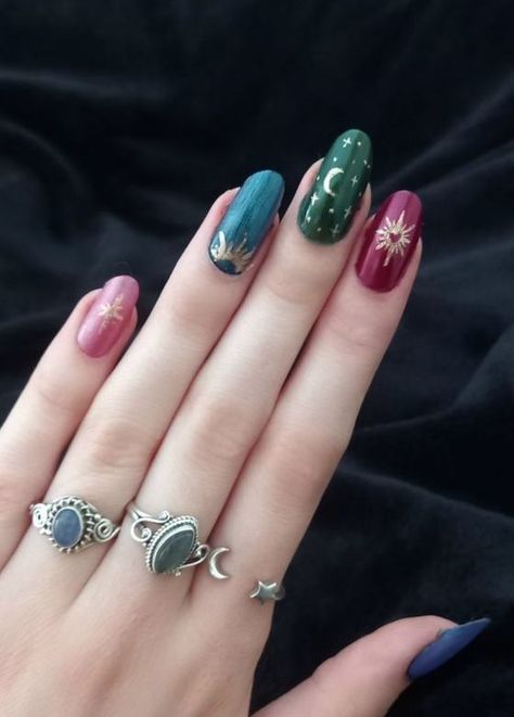 Our highly trained staff are here to tackle all of your needs with a high-quality Pedicure that will leave you looking and feeling your best. #whimsicalnails Witchy Holiday Nails, Whimsigoth Sun And Moon, Nails Whimsigoth, Whimsical Goth Nails, Whimsigoth Nail Art, Whimsigoth Nails Short, Alchemy Nails, Whimsigothic Nails, Whimsy Goth Nails