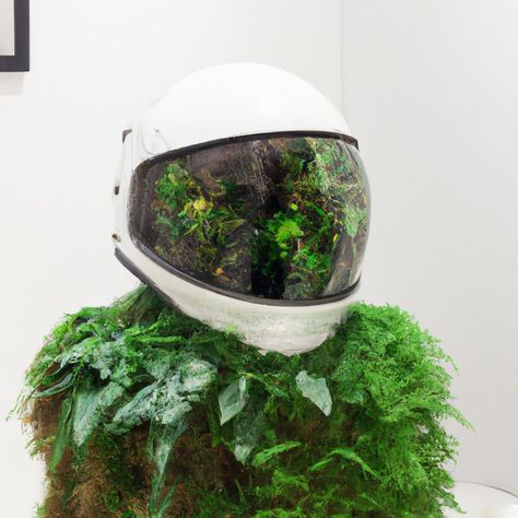 An ai-generated design of a futuristic space helmet incorporating ivy. Residency concepts envision travel, survival, and apocalyptic design. Ecofuturism Aesthetic, Eco Futurism Aesthetic, Solarpunk Robot, Eco Punk Fashion, Solar Punk Environment, Futuristic Plants, Neon Apocalypse, Futuristic Earth, Eco Futurism