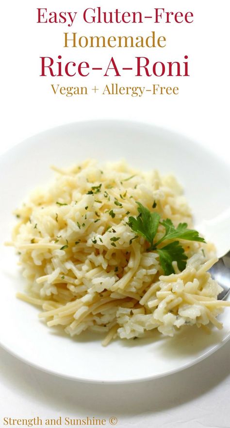 Easy Gluten-Free Homemade Rice-A-Roni Copycat (Vegan, Allergy-Free) | Strength and Sunshine @RebeccaGF666 No need to buy the box anymore! This super quick and easy Gluten-Free Homemade Rice-A-Roni copycat recipe is a no-fail, vegan, allergy-free side dish the entire family will love! Just 7 ingredients (including seasoning), one-pot, and 15 minutes! #ricearoni #glutenfree #sidedish #vegan #allergyfree #homemadericearoni #strengthandsunshine Gf Rice Dishes, Is Rice Gluten Free, Gluten Free Rice A Roni, Dairy Free Rice Recipes, Gluten Free Rice Pilaf, Gluten Free Rice Dishes, Gluten Free Rice Recipes, Homemade Rice A Roni, Rice A Roni