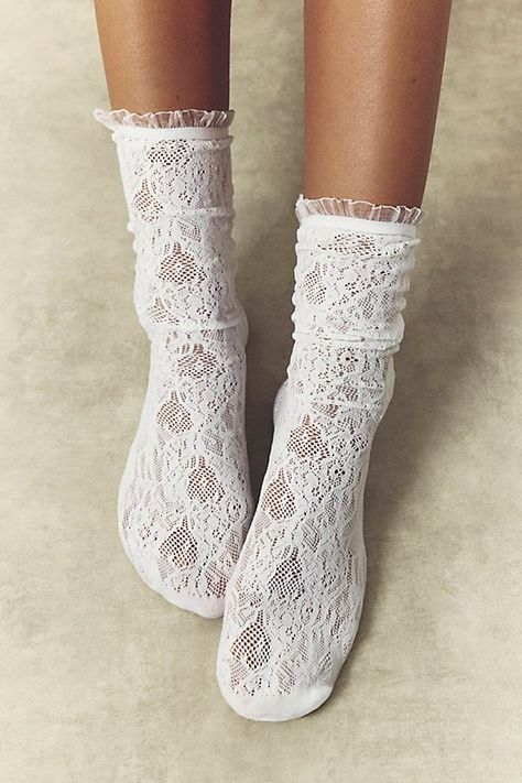 Add a little touch of effortless edge to every look with these stunning socks featured in a knee-high silhouette and sheer, lacey fabrication for the perfect blend of sweet and slightly sultry. | Lovers Lace Knee Socks by Hansel From Basel at Free People in White Lace Ankle Socks, Valentine's Day Gifts For Her, Wedding Socks, Vday Gifts, Pink Pearl Necklace, Sheer Socks, Get Glam, Lace Socks, Cream Silk