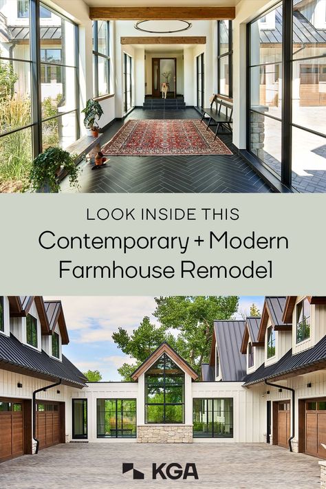 Garage With Dormers, Farmhouse Remodel Before And After, Home Additions Back Of House, Enclosed Breezeway, Garage Addition Ideas, Modern Farmhouse Remodel, Two Story Garage, Contemporary Modern Farmhouse, Farmhouse Addition