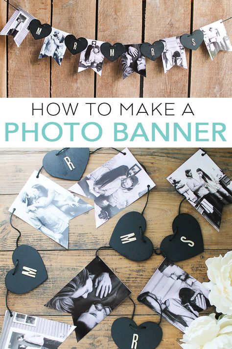 Learn how to make a banner with photos for a wedding or parties! Easy to make with a printable template to cut your photos! #wedding #diywedding #photos Wedding Decoration Photos, Photo Display At Party, Birthday Decorations With Photos, Diy Printable, Wedding Anniversary Diy Gifts, Photo Garland Ideas, Photo Party Decorations, Birthday Decoration With Photos, Picture Banner Ideas