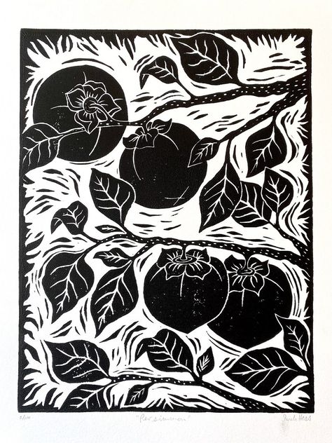 "This \"Persimmon\" artwork is an original block print inspired by the graceful forms and fruit of the Persimmon tree. I create each print by inking and hand pressing a block that I designed and carved. This artwork is signed and numbered and released in a limited edition of black & white prints. This Persimmon print measures 11\"x14\" and is printed on 100% cotton printmaking paper. Slight print and color variations may occur since each artwork is handmade to order. Interested in ordering multi Pear Artwork, Peaches And Plums, Black White Prints, Linoleum Block Printing, Linocut Printmaking, Lino Art, Linocut Art, Wood Block Printing, Relief Print