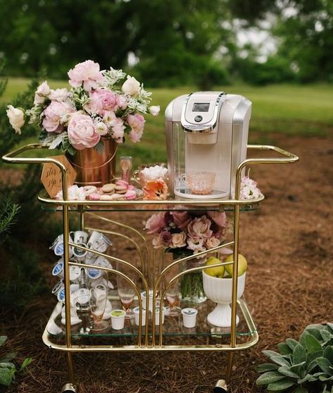 Gold Bar Cart Target, Gold Bar Cart Styling, Coffee Bar Cart, Diy Coffee Station, Diy Bar Cart, Coffee Bar Station, Coffee Bar Ideas, Gold Bar Cart, Outside Bars