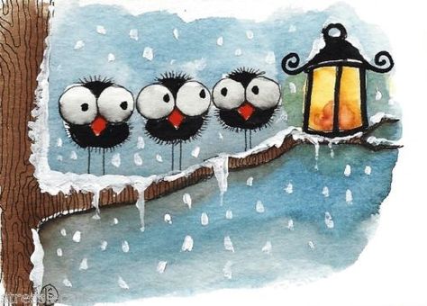 ACEO Original Watercolor Painting Folk Art Whimsy Bird Crow Tree Snow Lantern | eBay Snow Lantern, Painting Folk Art, Crow Painting, Illustration Kunst, Happy Paintings, Art Et Illustration, Art And Illustration, Christmas Paintings, Christmas Watercolor