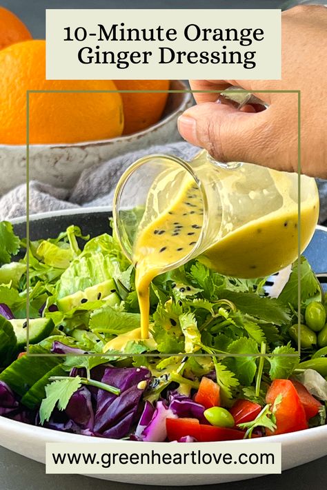 Orange ginger dressing pouring over a bowl of fresh greens. Orange Ginger Dressing, Ginger Dressing Recipe, Pickled Beet Salad, Cucumber Dressing, Spring Salads, Winter Veggies, How To Make Orange, Citrus Squeezer, Navel Oranges