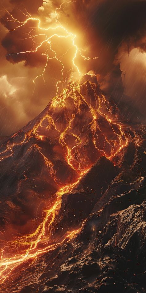 Volcanic Lightning Lightning Volcano, Lightening Art, Volcano Aesthetic, Volcanic Lightning, Lightning Aesthetic, City On Fire, Volcano Art, Dramatic Photography, Lightning Storms