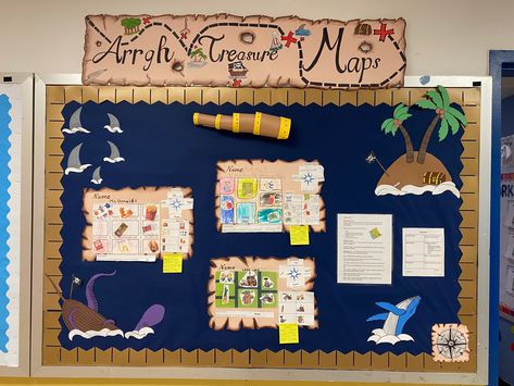 Treasure Map Bulletin Board, Pirate Bulletin Boards, Map Bulletin Board, Pirate Theme Classroom, Fall Displays, Elementary Classroom Themes, Ocean Theme Decorations, Pirate Treasure Maps, Ra Bulletin Boards