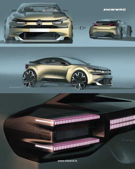 @citroen C4 official design sketches. - Largely inspired by the 2022 OLI concept, the front end incorporates the brand’s new logo, which sits proudly at the centre of a redesigned radiator grille, giving the car a more assertive presence on the road. The bonnet, meanwhile, retains its original lines while adapting to highlight the chevrons, which are finished in Silver Chrome paint, adding a touch of elegance and refinement. - #niwwrd #citroen #citroenc4 #cardesign #cardesigncommunity #cargra... Compact Car Design, Car Headlight Design, Car Grill, Car Design Sketch, Concept Car Design, Silver Chrome, Devices Design, Citroën C4, Car Sketch