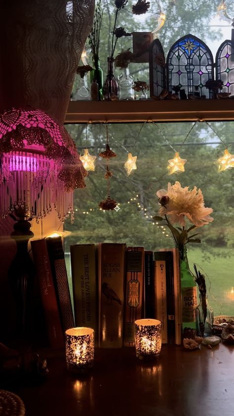 Witchy Desk Decor, Witchy Hallway, Twilight Aesthetic Room, Whimsigothic Room, Whimsigothic Decor, Witchy Desk, Windowsill Desk, Window Sill Decor, Room Goals