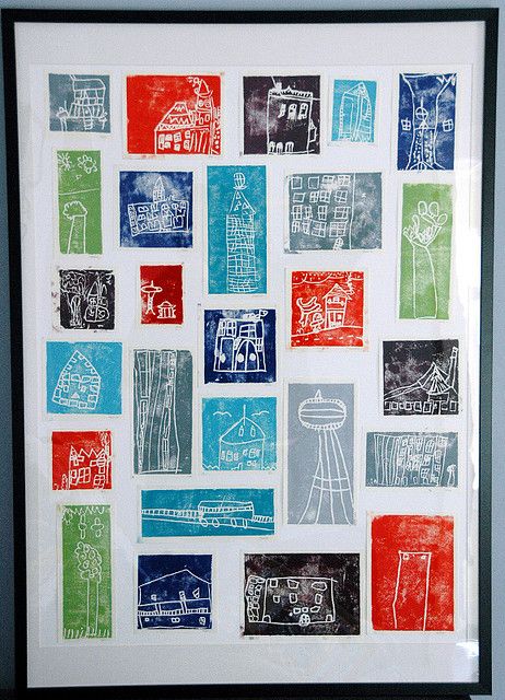 "city" block print collage, kindergarten auction project- love this idea for an auction if PRS were to ever do something like this... School Auction Projects, Class Auction Projects, Art Auction Projects, Classe D'art, Group Art Projects, Class Art Projects, Collaborative Art Projects, School Auction, Auction Projects