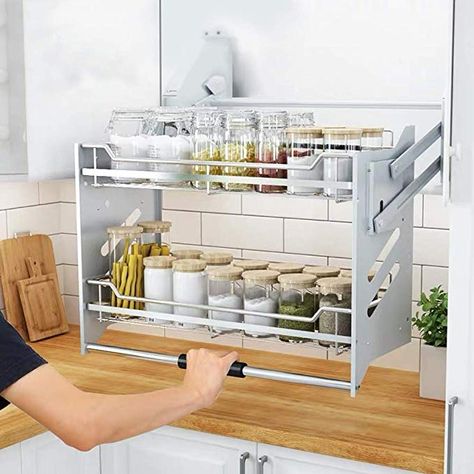 Amazon.com: Whifea Pull-Down Dish Rack System, Kitchen Shelf 2 Tier Upper Cabinet Organizer (For Cabinet Width ≥36''): Kitchen & Dining Pull Down Spice Rack, Pull Down Shelf, Organiser Cucina, Upper Cabinet, Upper Kitchen Cabinets, Desain Pantry, Cabinet Organizer, Dish Rack, Kitchen Shelf