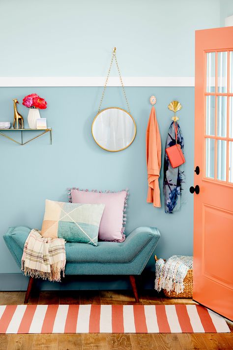 Happy Paint Color Ideas for an Instant Mood Boost in Every Room Entryway Paint, Coral Door, Paint Color Ideas, Room Wall Colors, Small Couch, Small Entryways, Best Paint, Best Paint Colors, Small Entryway