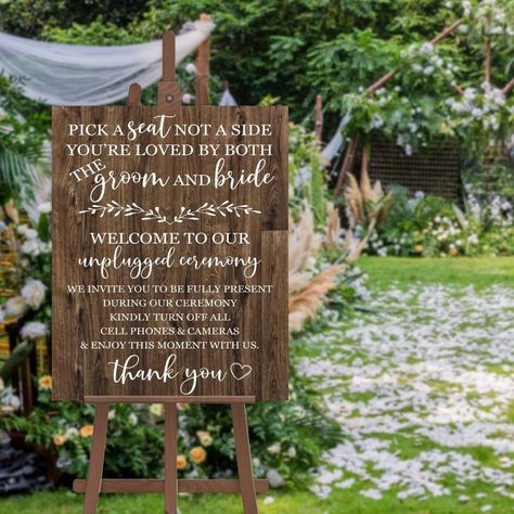 Wedding Ceremony Sign, Wood Printing, Unplugged Wedding Sign, Unplugged Ceremony, Print Lettering, Ceremony Sign, Wedding Ceremony Signs, Pick A Seat, Wooden Wedding Signs