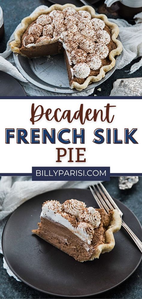 This decadent French silk pie recipe with chocolate filling and homemade crust is the perfect dessert. French silk pie consists of a chilled chocolate mousse filling until set in a par-baked pie crust and topped with whipped cream. You will love the rich, decadent flavors in this amazing pie. French Silk Pie Oreo Crust, Chocolate Silk Pie Recipe, Silk Pie Recipe, Chocolate Silk Pie, French Silk Pie, Silk Pie, Sweet Pies, Oreo Cookie Crust, Chocolate Pie Recipes