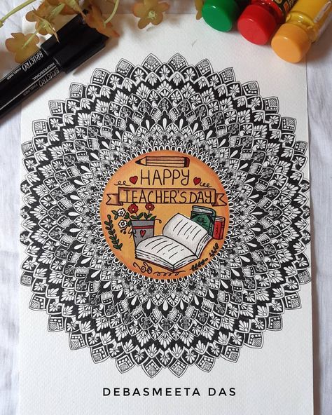 Teacher's Day Mandala Art, Teacher Mandala Art, Teacher Day Mandala Art, Teachers Day Sketch, Drawing Ideas Mandala, Cell Drawing, Creative Card Making Ideas, Basic Mandala, Teachers Day Drawing