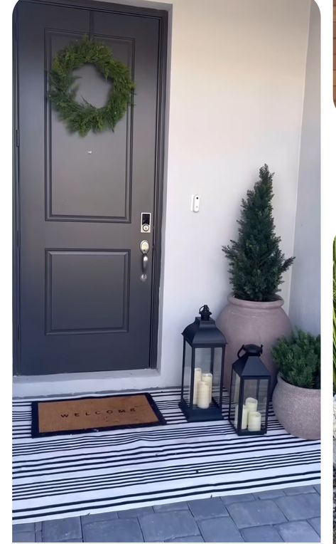 Condo Front Door, Condo Door Entrance, Condo Front Door Ideas, Plants Outside Front Door Apartment, Apartment Main Door Entrance Decor, Black Front Doors, Grey Houses, Entrance Decor, Front Porch